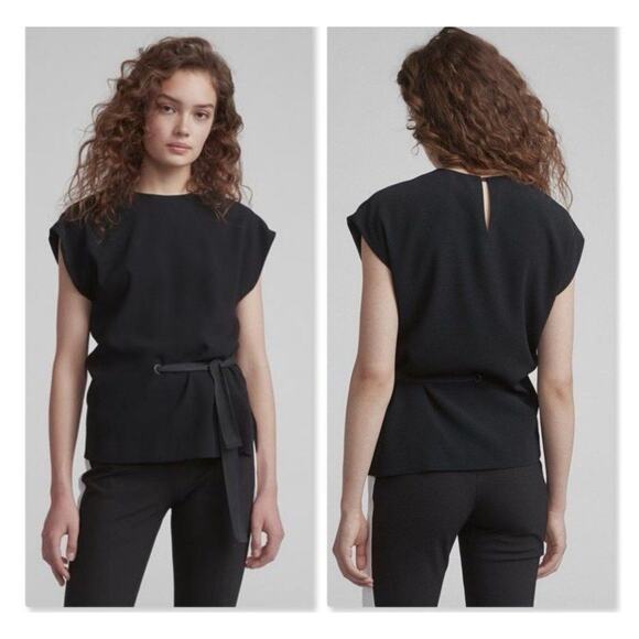 Rag & Bone Etta Side Tie Top Cap Silk Sleeve Crepe Black Small Minimalist New V8 - Picture 1 of 8